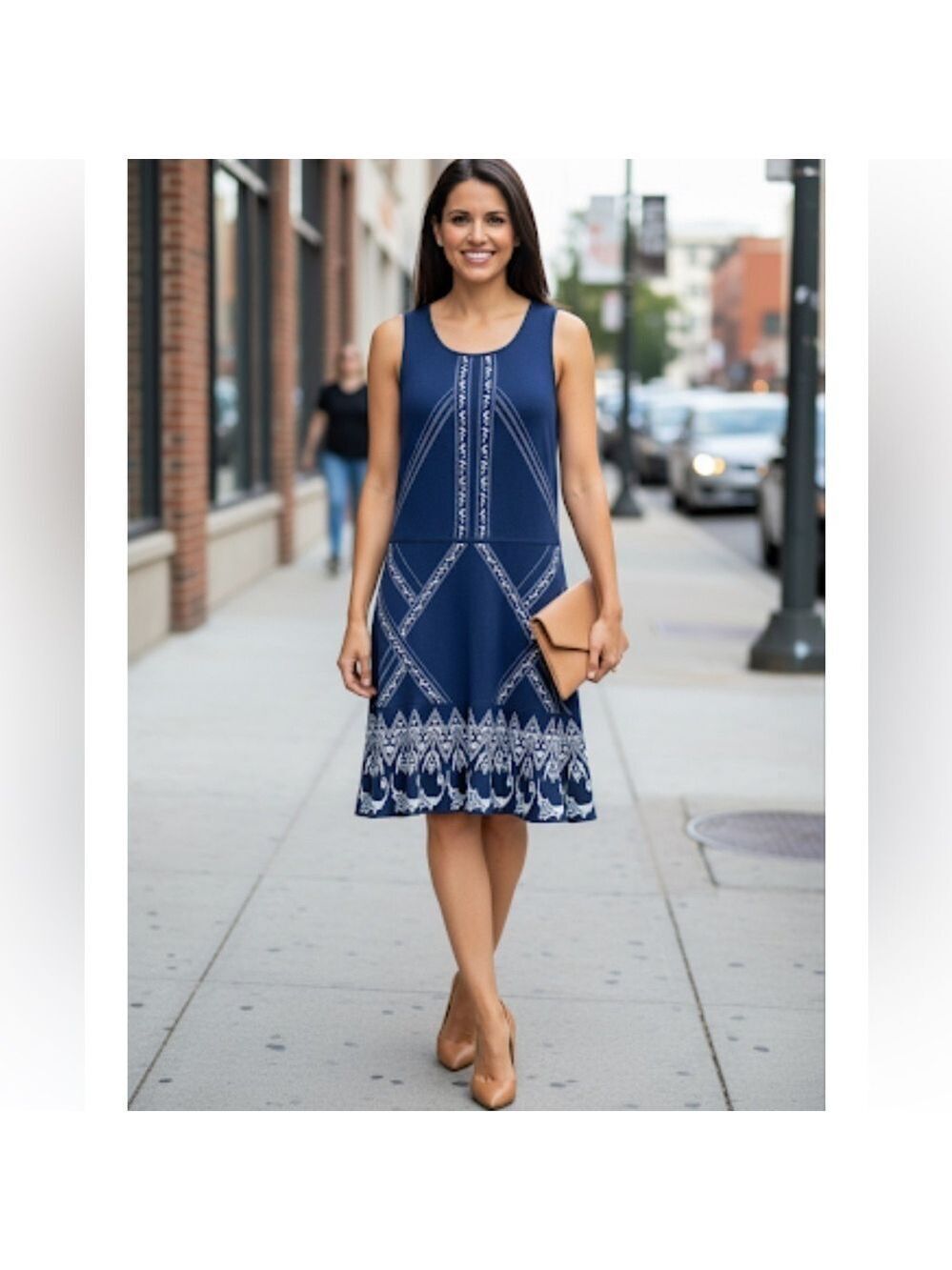 CeCe by Cynthia Steffe Fit & Flare Midi Dress Womens Small Blue Stretch Knit